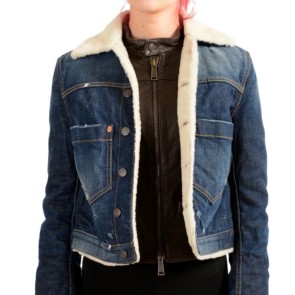 Dsquared2 Women's Denim & Leather Fur Full Zip Shearling Jacket US S IT 40 - Picture 3 of 6
